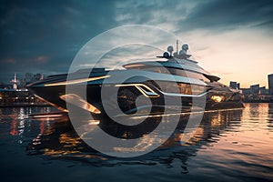 A Modern Futuristic Luxury Yacht in a Port at Sunset showcasing the opulence and sophistication of high-end marine design. Ai