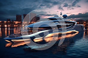 A Modern Futuristic Luxury Yacht in a Port at Sunset showcasing the opulence and sophistication of high-end marine design. Ai