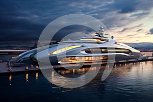 A Modern Futuristic Luxury Yacht in a Port at Sunset showcasing the opulence and sophistication of high-end marine design. Ai