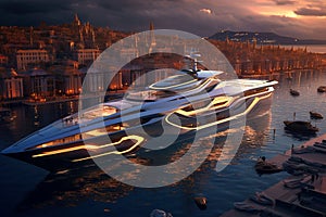 A Modern Futuristic Luxury Yacht in a Port at Sunset showcasing the opulence and sophistication of high-end marine design. Ai