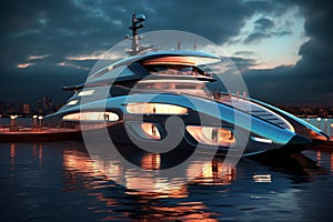 A Modern Futuristic Luxury Yacht in a Port at Sunset showcasing the opulence and sophistication of high-end marine design. Ai