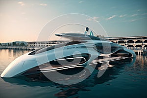 A Modern Futuristic Luxury Yacht in a Port at Sunset showcasing the opulence and sophistication of high-end marine design. Ai