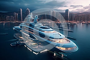 A Modern Futuristic Luxury Yacht in a Port at Sunset showcasing the opulence and sophistication of high-end marine design. Ai