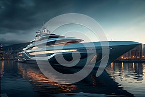 A Modern Futuristic Luxury Yacht in a Port at Sunset showcasing the opulence and sophistication of high-end marine design. Ai