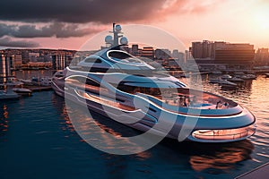 A Modern Futuristic Luxury Yacht in a Port at Sunset showcasing the opulence and sophistication of high-end marine design. Ai