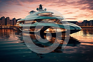 A Modern Futuristic Luxury Yacht in a Port at Sunset showcasing the opulence and sophistication of high-end marine design. Ai