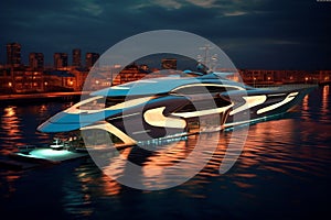 A Modern Futuristic Luxury Yacht in a Port at Sunset showcasing the opulence and sophistication of high-end marine design. Ai