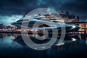 A Modern Futuristic Luxury Yacht in a Port at Sunset showcasing the opulence and sophistication of high-end marine design. Ai