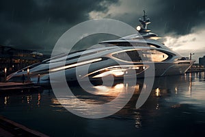 A Modern Futuristic Luxury Yacht in a Port at Sunset showcasing the opulence and sophistication of high-end marine design. Ai