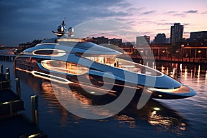 A Modern Futuristic Luxury Yacht in a Port at Sunset showcasing the opulence and sophistication of high-end marine design. Ai