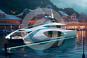 A Modern Futuristic Luxury Yacht in a Port at Sunset showcasing the opulence and sophistication of high-end marine design. Ai