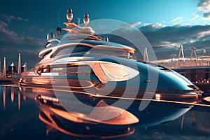 A Modern Futuristic Luxury Yacht in a Port at Sunset showcasing the opulence and sophistication of high-end marine design. Ai