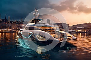 A Modern Futuristic Luxury Yacht in a Port at Sunset showcasing the opulence and sophistication of high-end marine design. Ai