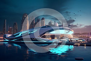 A Modern Futuristic Luxury Yacht in a Port at Sunset showcasing the opulence and sophistication of high-end marine design. Ai