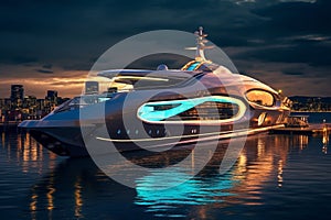 A Modern Futuristic Luxury Yacht in a Port at Sunset showcasing the opulence and sophistication of high-end marine design. Ai