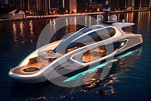 A Modern Futuristic Luxury Yacht in a Port at Sunset showcasing the opulence and sophistication of high-end marine design. Ai