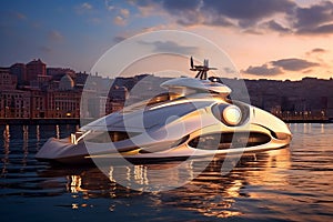 A Modern Futuristic Luxury Yacht in a Port at Sunset showcasing the opulence and sophistication of high-end marine design. Ai