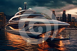 A Modern Futuristic Luxury Yacht in a Port at Sunset showcasing the opulence and sophistication of high-end marine design. Ai