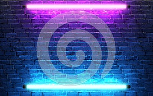 Modern futuristic neon lights on old grunge brick wall room background. 3d