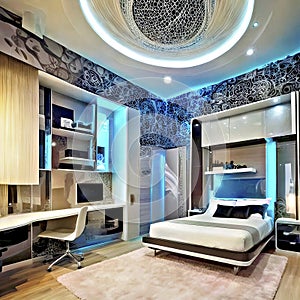 Modern futuristic room with blue halos photo