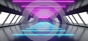 Modern Futuristic Sci Fi Alien Ship Reflective Dark Empty Long Corridor Tunnel With Big White Windows And Purple Blue Abstract