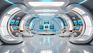 Modern Futuristic Sci Fi spaceship metal floor light panels blue neon glowing lights design white background spaceship interior