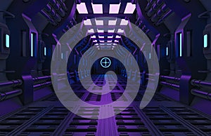 Modern Futuristic Sci Fi spaceship,metal floor and light panels,blue neon glowing lights,interior design dark background,spaceship