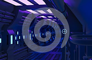 Modern Futuristic Sci Fi spaceship,metal floor and light panels,blue neon glowing lights,interior design dark background,spaceship