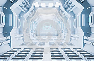 Modern futuristic Sci Fi spaceship,metal floor and light panels,blue neon glowing lights,interior design white background,