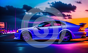 modern futuristic side view 90s sport car on trendy synthwave, vaporwave, cyberpunk sunset background. Back to 1990s concept. photo