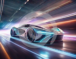 Modern futuristic silver car speeding in a tunnel.