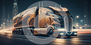 Modern futuristic truck car speeding in the city at night. Generative AI