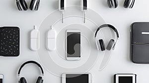 Modern gadgets and accessories in a monochrome palette, symbolizing connected lifestyles photo