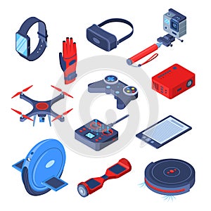 Modern gadgets, devices vector 3d isometric icons set. Virtual reality, robots, smart future technologies concept
