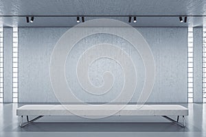 Modern gallery hall with bench and blank wall
