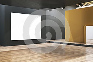 Modern gallery interior with concrete walls, empty white mock up banner and wooden flooring.