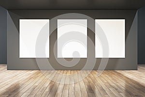 Modern gallery interior with concrete walls, empty white mock up posters and wooden flooring.