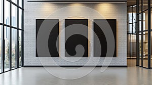 Modern gallery space featuring three empty black frames on a wall