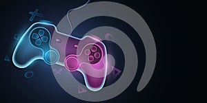 Modern game pad with wire for video games. Vector joystick with neon glow for game console. Abstract geometric symbols. Computer