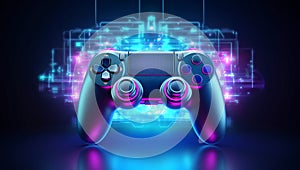 A modern gamepad with neon lights in background