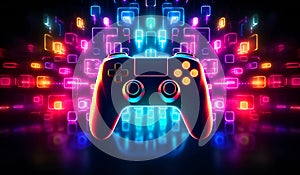 Modern gamepad with neon lights in background