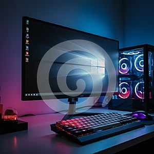 A modern gaming setup featuring a sleek, large monitor displaying the Windows