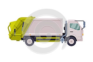 Modern Garbage Truck, Urban Heavy Sanitary Vehicle, Waste Recycling Concept Flat Style Vector Illustration on White