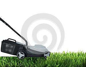 Modern garden lawn mower cutting grass, white background