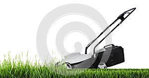 Modern garden lawn mower cutting grass, white background. Banner design