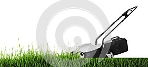 Modern garden lawn mower cutting green grass, white background. Banner design