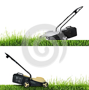 Modern garden lawn mowers cutting green grass, white background