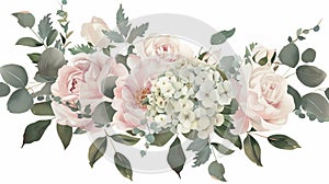 Modern garland wedding bouquet with pastel pink and cream roses, peonies, hydrangeas, and tropical leaves. Eucalyptus