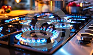 Modern gas stove burners ignited with blue flames providing a close-up view of kitchen appliance efficiency and domestic culinary