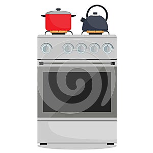 Modern gas stove, pot and kettle on it on flame. Home kitchen stove. Preparing food, cooking. Vector illustration in flat style.
